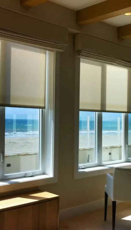 Motorized roller blinds installed in a beach side hut in Dubai